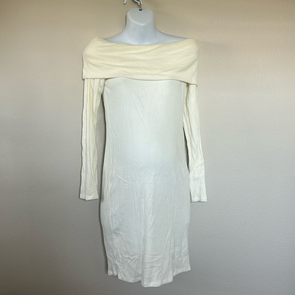 Pinkblush Off White Cream Ribbed Off-Shoulder Long Sleeve Maternity Mini Dress - Picture 4 of 10